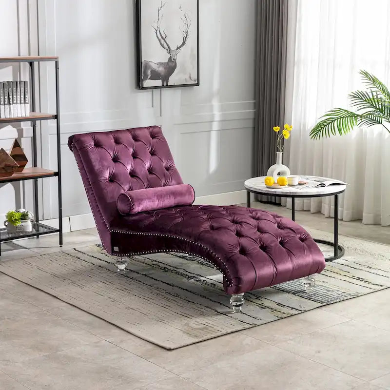 Chaise longue en velours capitonnée 63 po, forme en S, ergonomique, pieds en acrylique, capacité de 275 lb avec oreiller