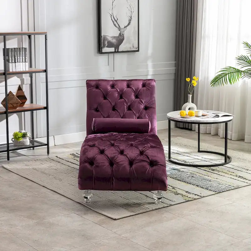 Chaise longue en velours capitonnée 63 po, forme en S, ergonomique, pieds en acrylique, capacité de 275 lb avec oreiller
