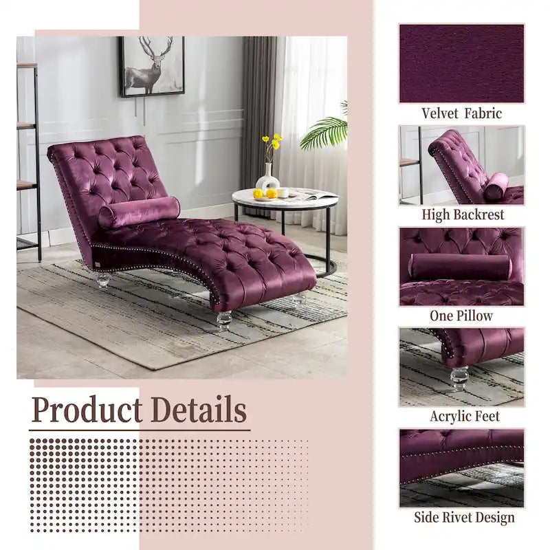 Chaise longue en velours capitonnée 63 po, forme en S, ergonomique, pieds en acrylique, capacité de 275 lb avec oreiller