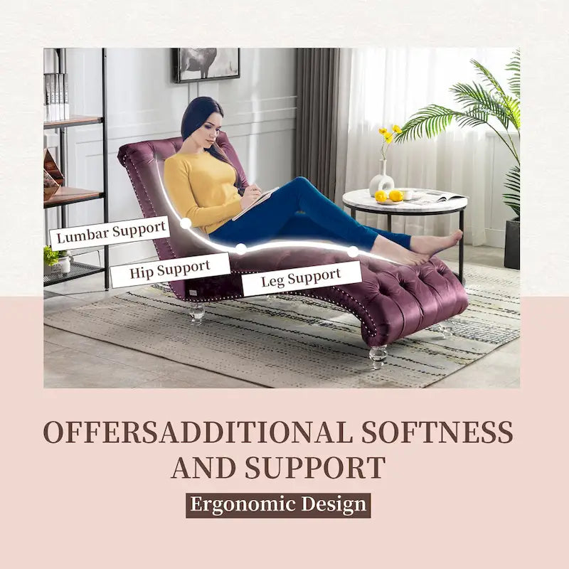 Chaise longue en velours capitonnée 63 po, forme en S, ergonomique, pieds en acrylique, capacité de 275 lb avec oreiller