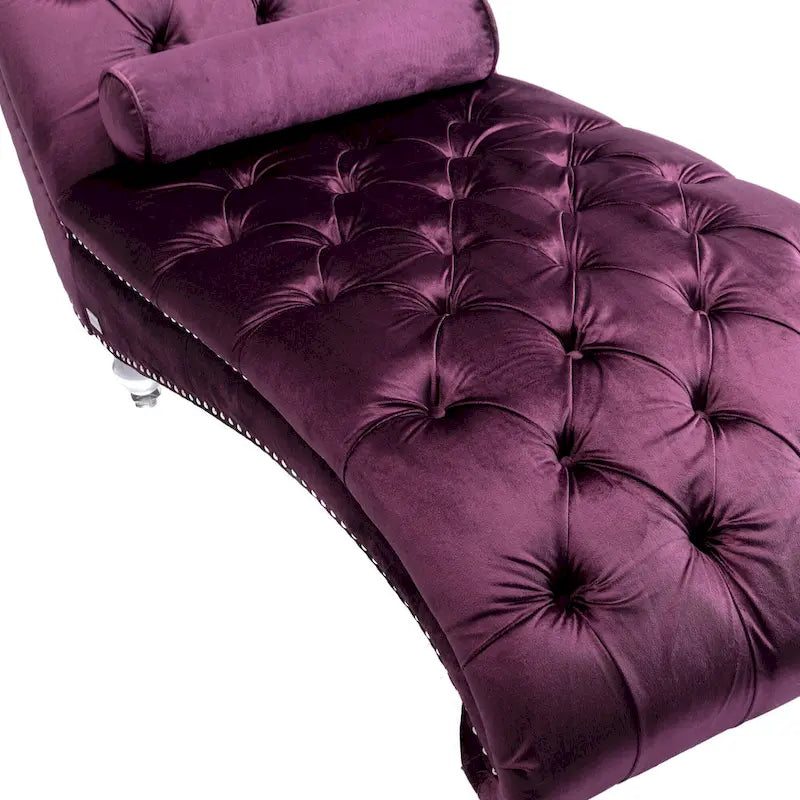 Chaise longue en velours capitonnée 63 po, forme en S, ergonomique, pieds en acrylique, capacité de 275 lb avec oreiller