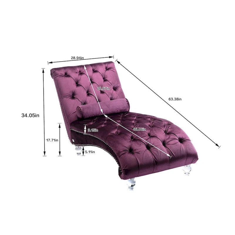 Chaise longue en velours capitonnée 63 po, forme en S, ergonomique, pieds en acrylique, capacité de 275 lb avec oreiller