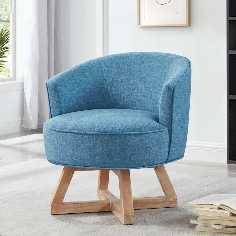 Fauteuil d'appoint pivotant à 360° en lin de 68,5 cm, pieds en bois d'hévéa, dossier incurvé profond, bleu clair