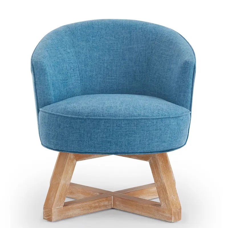 Fauteuil d'appoint pivotant à 360° en lin de 68,5 cm, pieds en bois d'hévéa, dossier incurvé profond, bleu clair