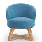 Fauteuil d'appoint pivotant à 360° en lin de 68,5 cm, pieds en bois d'hévéa, dossier incurvé profond, bleu clair