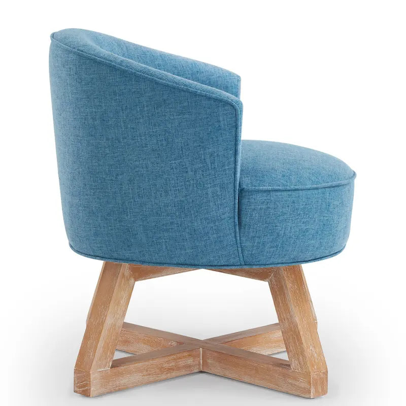 Fauteuil d'appoint pivotant à 360° en lin de 68,5 cm, pieds en bois d'hévéa, dossier incurvé profond, bleu clair