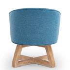 Fauteuil d'appoint pivotant à 360° en lin de 68,5 cm, pieds en bois d'hévéa, dossier incurvé profond, bleu clair