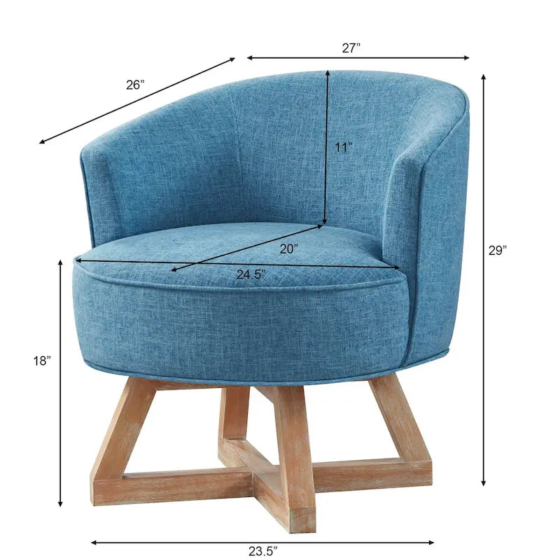 Fauteuil d'appoint pivotant à 360° en lin de 68,5 cm, pieds en bois d'hévéa, dossier incurvé profond, bleu clair