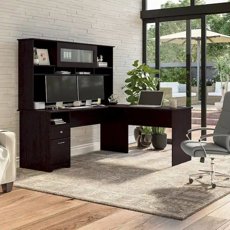 Bureau d'angle en L de 183 cm avec huche, tiroirs et étagères ouvertes pour bureau à domicile