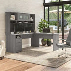 Bureau d'angle en L de 183 cm avec huche, tiroirs et étagères ouvertes pour bureau à domicile