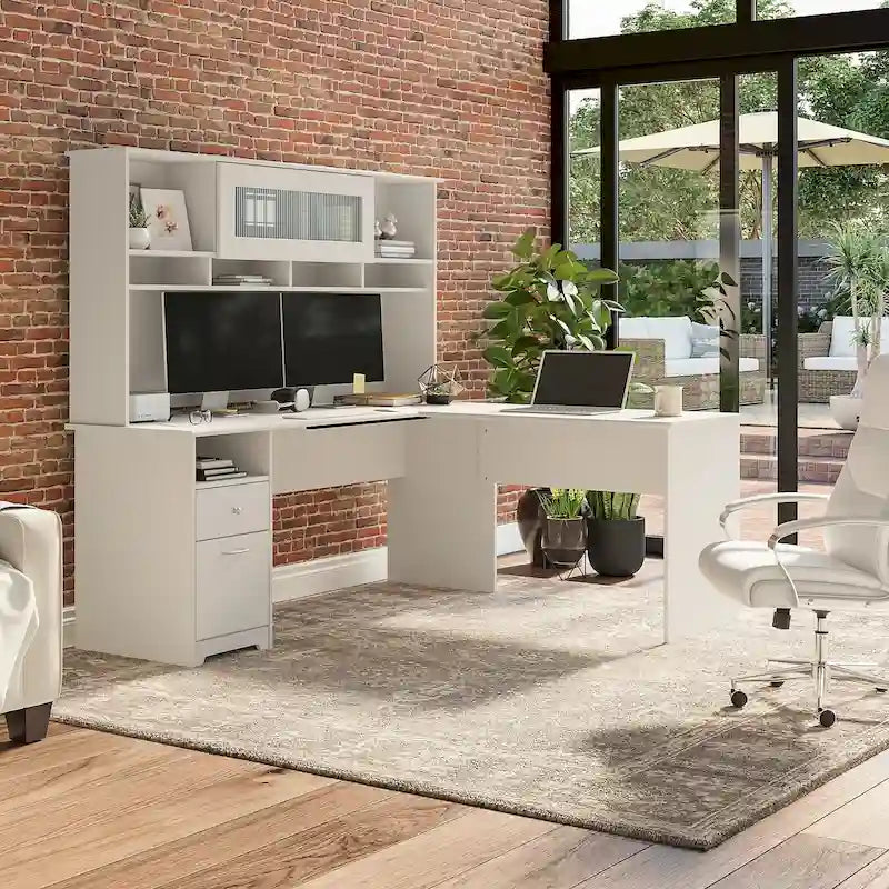 Bureau d'angle en L de 183 cm avec huche, tiroirs et étagères ouvertes pour bureau à domicile