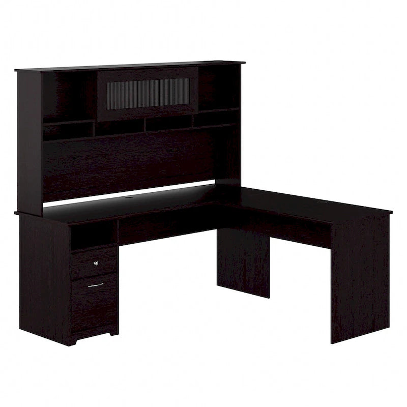 Bureau d'angle en L de 183 cm avec huche, tiroirs et étagères ouvertes pour bureau à domicile