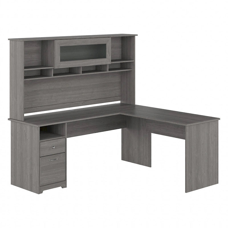 Bureau d'angle en L de 183 cm avec huche, tiroirs et étagères ouvertes pour bureau à domicile
