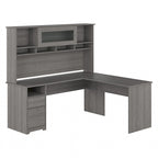 Bureau d'angle en L de 183 cm avec huche, tiroirs et étagères ouvertes pour bureau à domicile