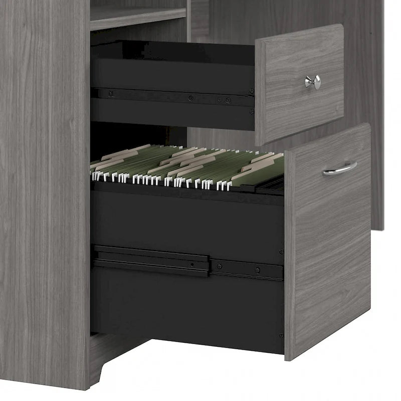Bureau d'angle en L de 183 cm avec huche, tiroirs et étagères ouvertes pour bureau à domicile