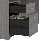 Bureau d'angle en L de 183 cm avec huche, tiroirs et étagères ouvertes pour bureau à domicile