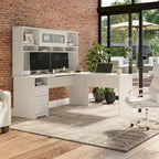 Bureau d'angle en L de 183 cm avec huche, tiroirs et étagères ouvertes pour bureau à domicile