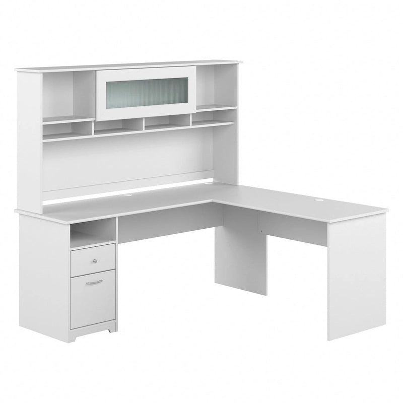 Bureau d'angle en L de 183 cm avec huche, tiroirs et étagères ouvertes pour bureau à domicile