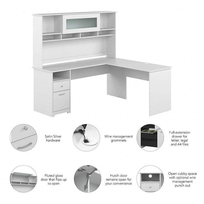 Bureau d'angle en L de 183 cm avec huche, tiroirs et étagères ouvertes pour bureau à domicile