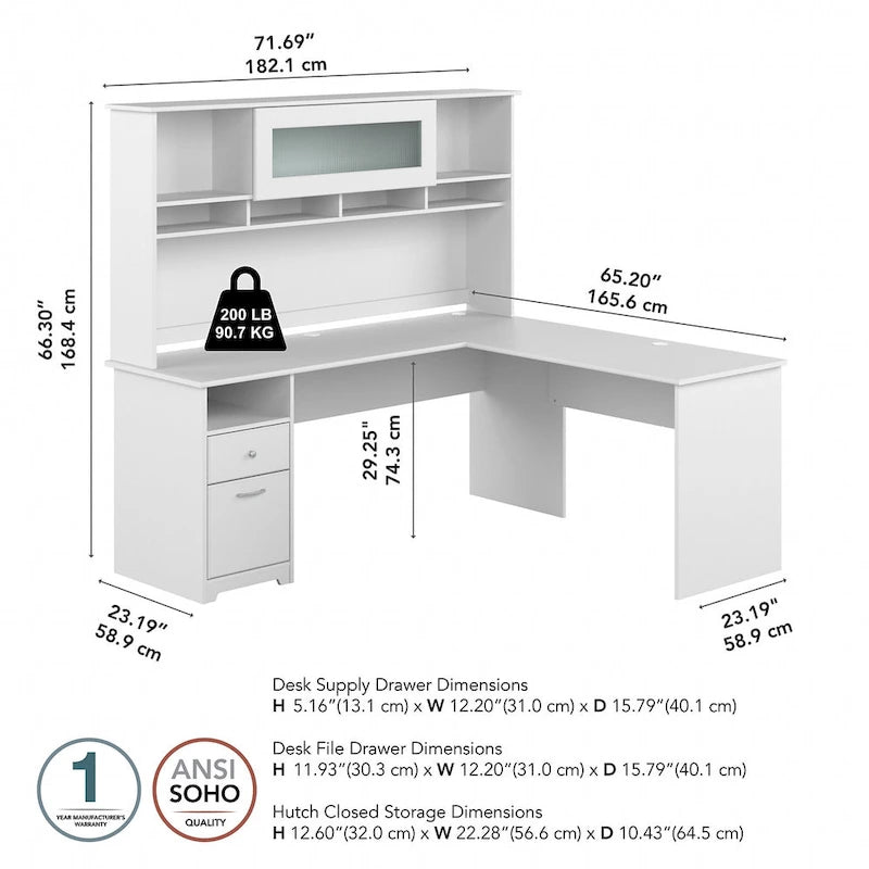 Bureau d'angle en L de 183 cm avec huche, tiroirs et étagères ouvertes pour bureau à domicile