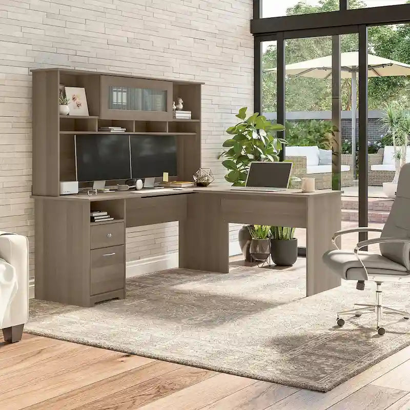 Bureau d'angle en L de 183 cm avec huche, tiroirs et étagères ouvertes pour bureau à domicile