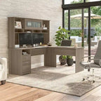 Bureau d'angle en L de 183 cm avec huche, tiroirs et étagères ouvertes pour bureau à domicile