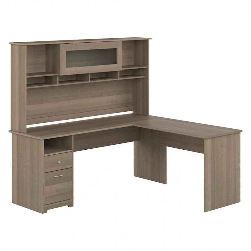 Bureau d'angle en L de 183 cm avec huche, tiroirs et étagères ouvertes pour bureau à domicile
