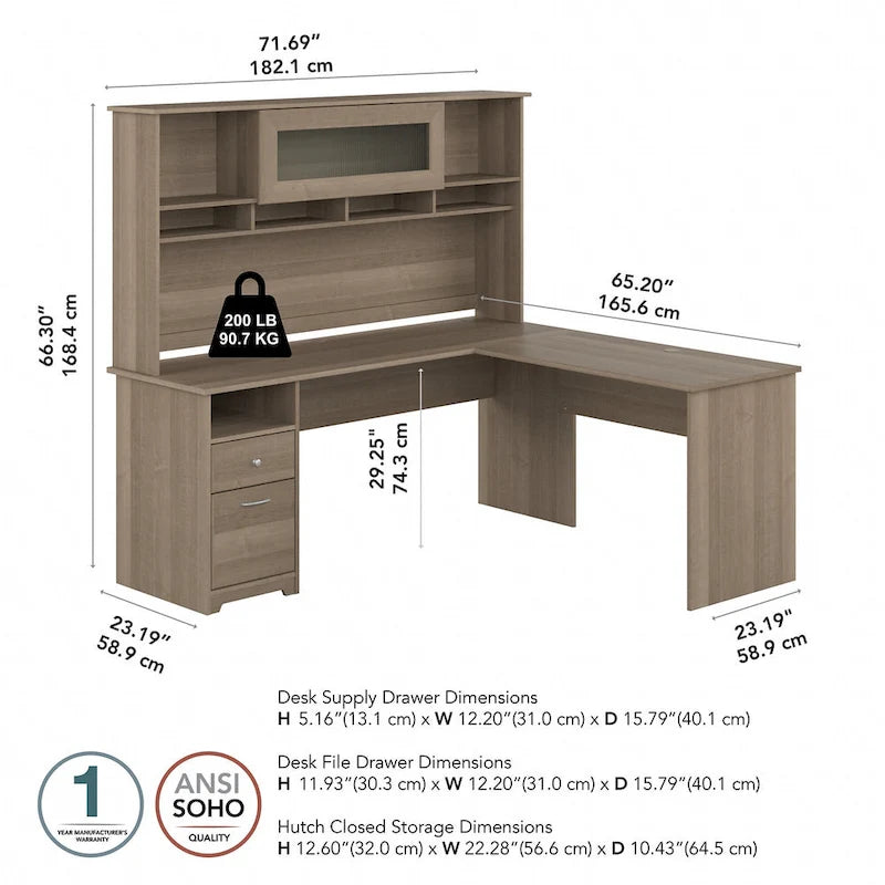 Bureau d'angle en L de 183 cm avec huche, tiroirs et étagères ouvertes pour bureau à domicile