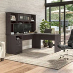 Bureau d'angle en L de 183 cm avec huche, tiroirs et étagères ouvertes pour bureau à domicile