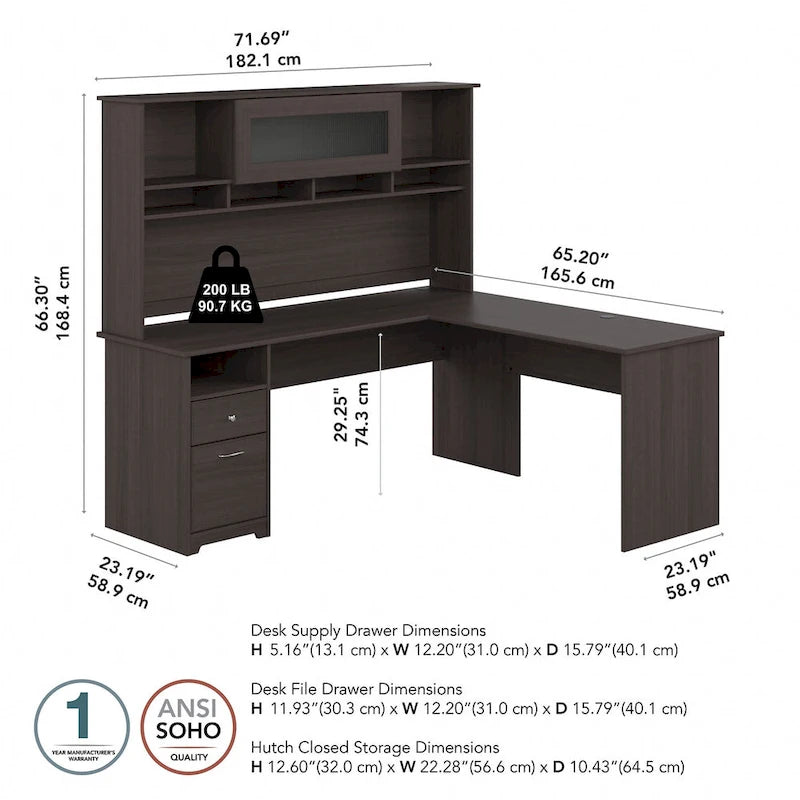 Bureau d'angle en L de 183 cm avec huche, tiroirs et étagères ouvertes pour bureau à domicile