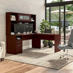 Bureau d'angle en L de 183 cm avec huche, tiroirs et étagères ouvertes pour bureau à domicile