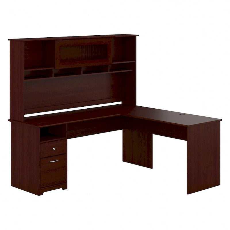 Bureau d'angle en L de 183 cm avec huche, tiroirs et étagères ouvertes pour bureau à domicile