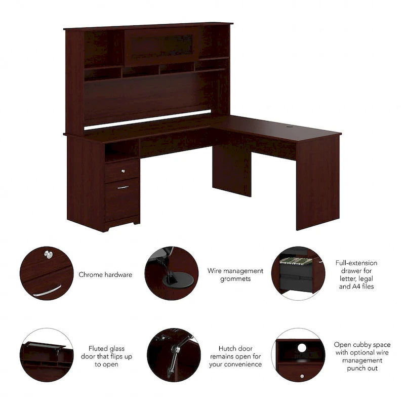 Bureau d'angle en L de 183 cm avec huche, tiroirs et étagères ouvertes pour bureau à domicile