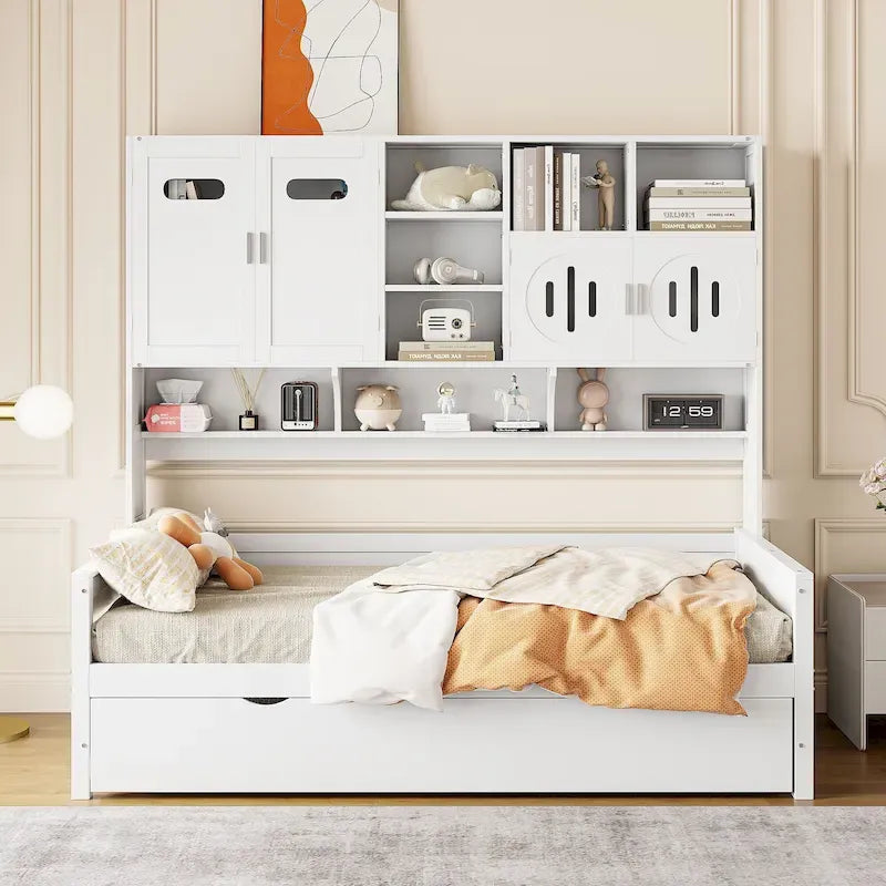 Lit de repos simple en bois avec lit gigogne, armoire de rangement et étagères, blanc