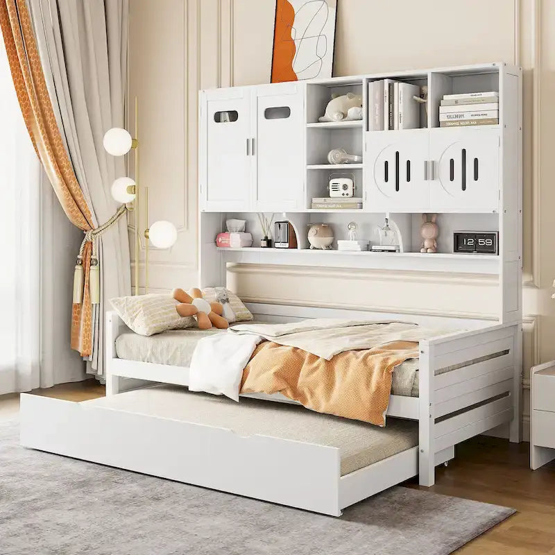 Lit de repos simple en bois avec lit gigogne, armoire de rangement et étagères, blanc
