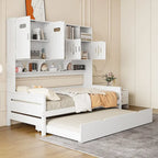 Lit de repos simple en bois avec lit gigogne, armoire de rangement et étagères, blanc