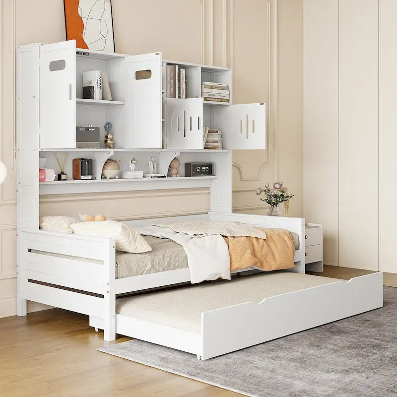 Lit de repos simple en bois avec lit gigogne, armoire de rangement et étagères, blanc