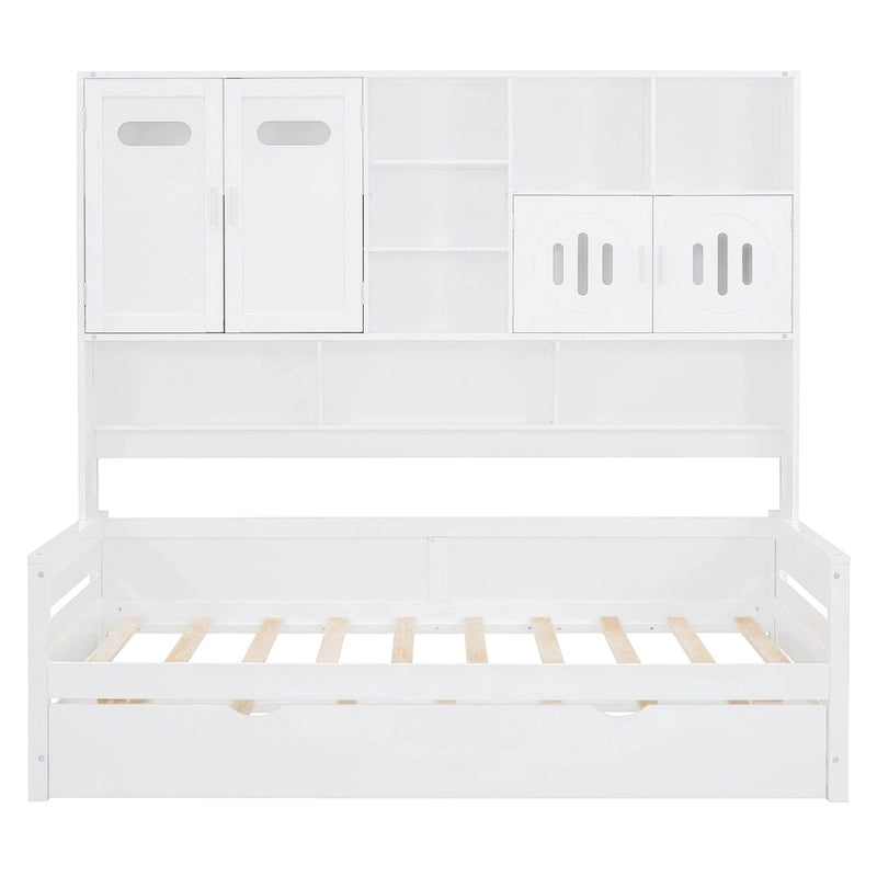 Lit de repos simple en bois avec lit gigogne, armoire de rangement et étagères, blanc