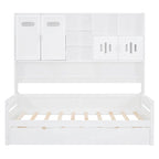 Lit de repos simple en bois avec lit gigogne, armoire de rangement et étagères, blanc