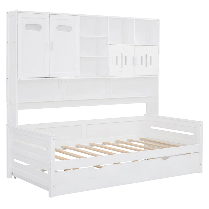 Lit de repos simple en bois avec lit gigogne, armoire de rangement et étagères, blanc