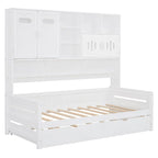 Lit de repos simple en bois avec lit gigogne, armoire de rangement et étagères, blanc