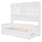 Lit de repos simple en bois avec lit gigogne, armoire de rangement et étagères, blanc