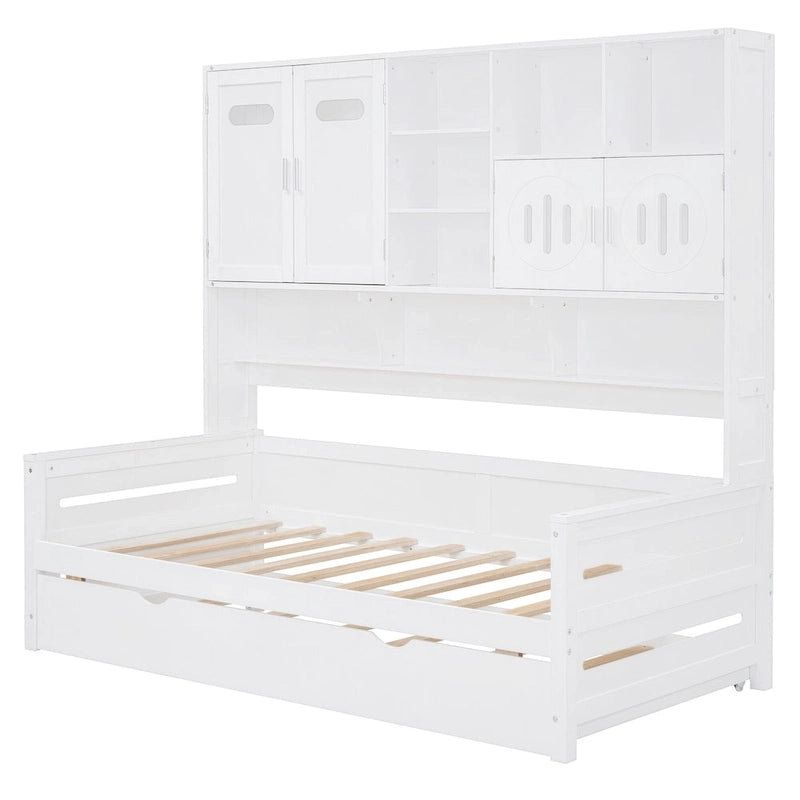Lit de repos simple en bois avec lit gigogne, armoire de rangement et étagères, blanc