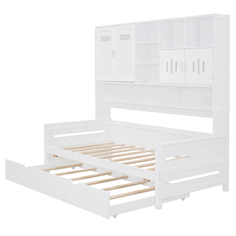 Lit de repos simple en bois avec lit gigogne, armoire de rangement et étagères, blanc