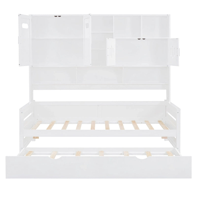 Lit de repos simple en bois avec lit gigogne, armoire de rangement et étagères, blanc