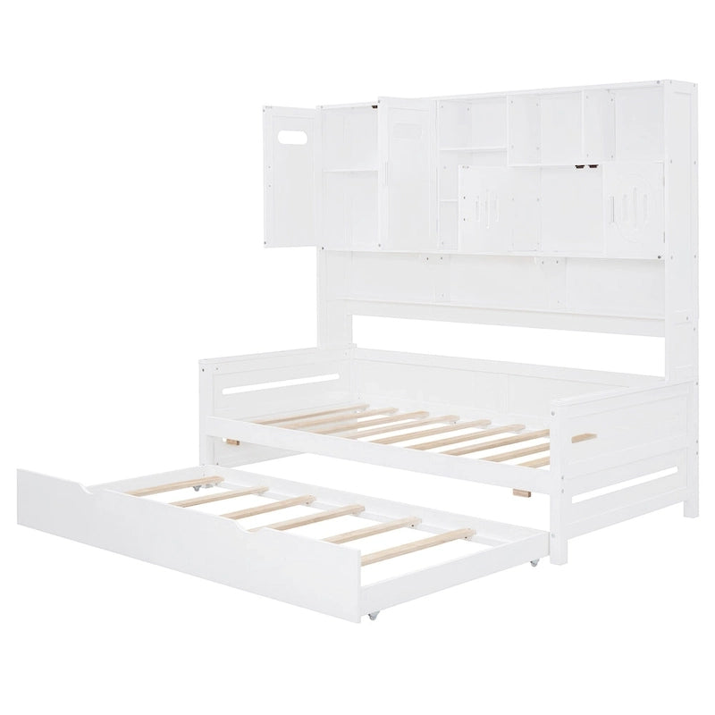 Lit de repos simple en bois avec lit gigogne, armoire de rangement et étagères, blanc