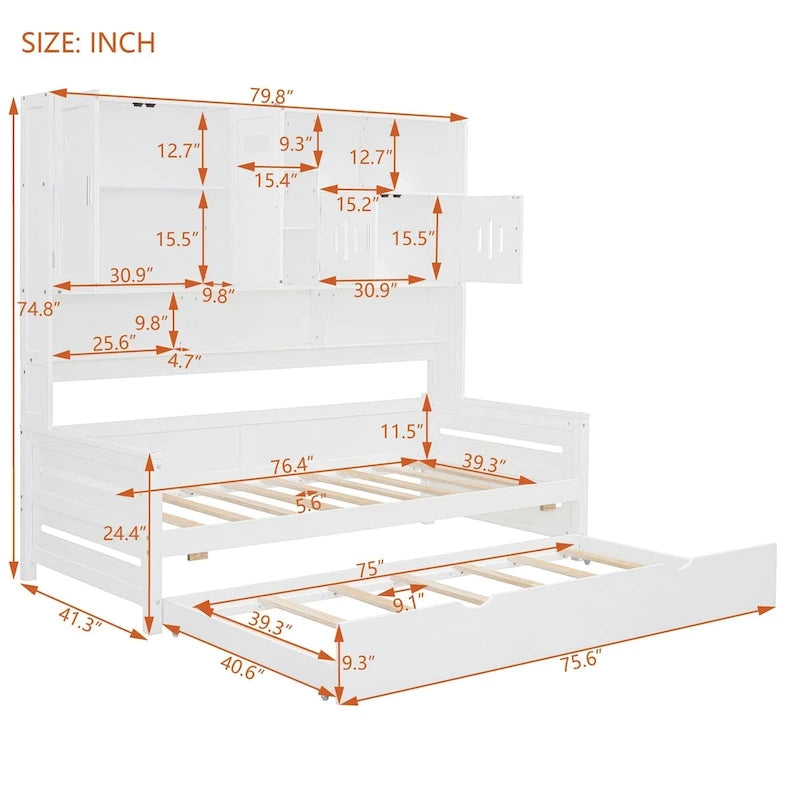 Lit de repos simple en bois avec lit gigogne, armoire de rangement et étagères, blanc