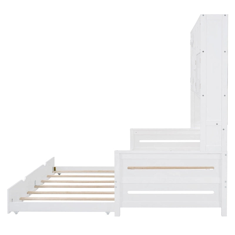 Lit de repos simple en bois avec lit gigogne, armoire de rangement et étagères, blanc