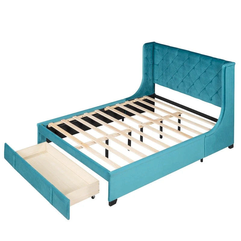 Lit de rangement Queen Size en velours avec tête de lit capitonnée et grand tiroir