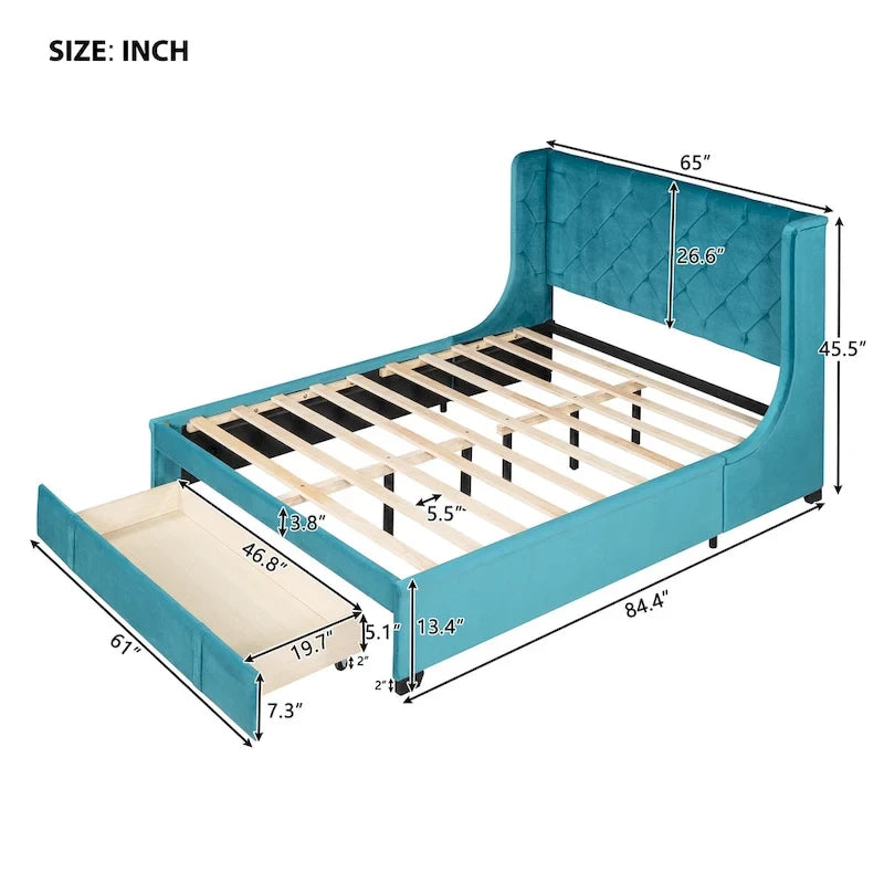 Lit de rangement Queen Size en velours avec tête de lit capitonnée et grand tiroir